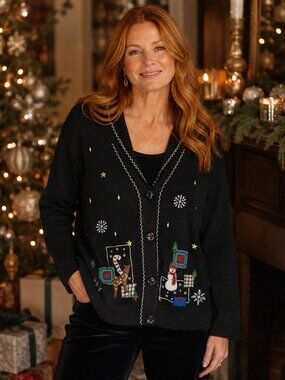 Vintage Pappagallo Christmas Cardigan XL Black Embroidered Holiday Ramie Cotton